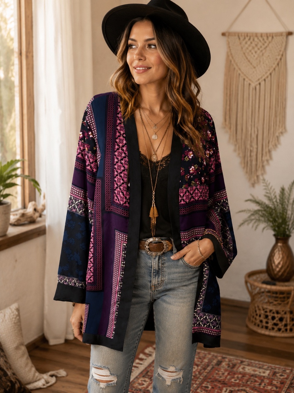 Chico’s Women’s Jacket Size L Cardigan Kimono Patchwork V-Neck Long Sleeve Lined